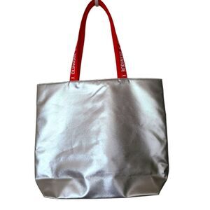 clinique silver metallic shopper tote bag